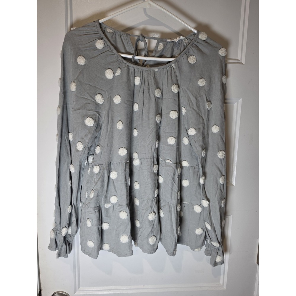 Blu Pepper Sage & Ivory  Polka Dot Round Neck Tie Babydoll Top Small Women’s
